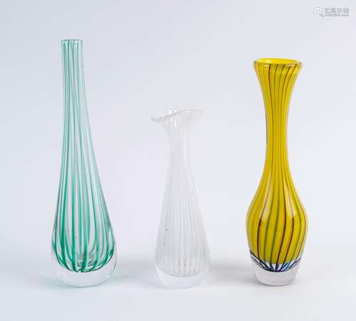 Three Czechoslovakian glass vases with striped decoration, m...