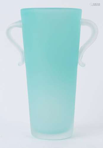 ORREFORS Swedish two handled turquoise glass vase by Ann Nie...