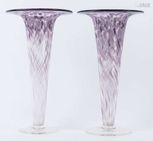 A pair of Australian art glass trumpet vases, engraved signa...