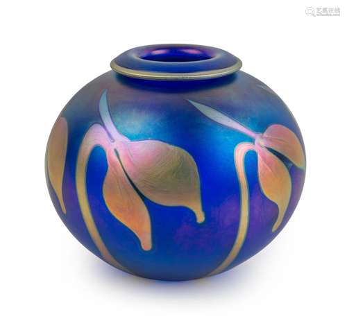 CHARLES LOTTON American iridescent art glass vase, engraved ...