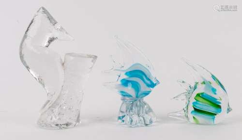 Two glass fish ornaments together with a glass woodpecker or...