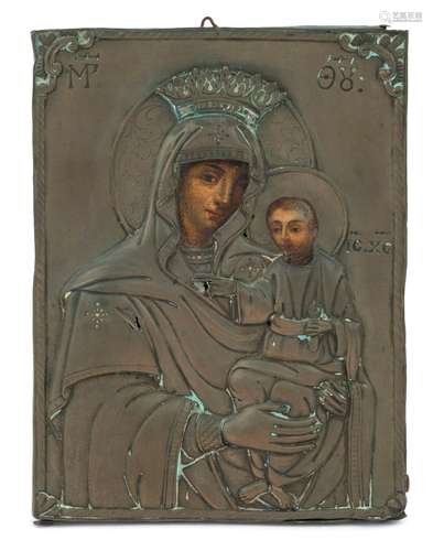 An antique Orthodox icon of the Virgin Mary and Christ, hand...