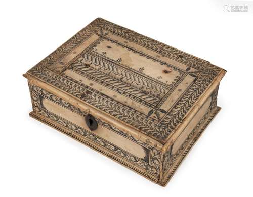 An antique Islamic jewellery box, bone and wood with incised...