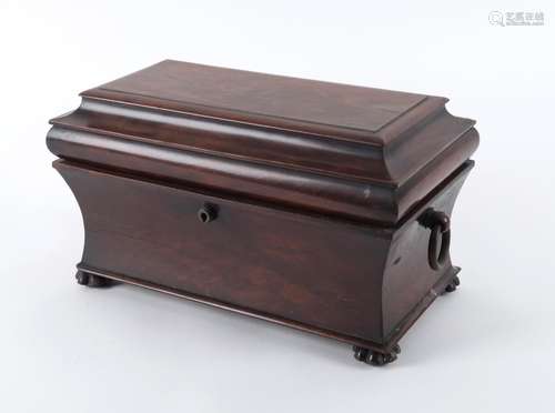 An English tea caddy, flame mahogany with original fitted in...