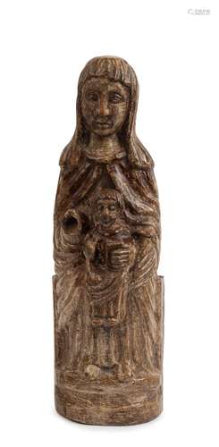 A Continental statue of Mary and Jesus, carved wood with rem...