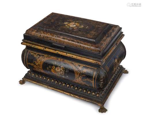 An antique English toleware box, original black lacquer Japa...