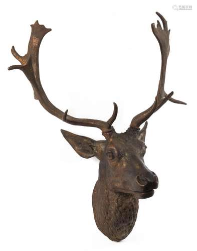 An antique cold patinated cast iron stag head shoulder mount...