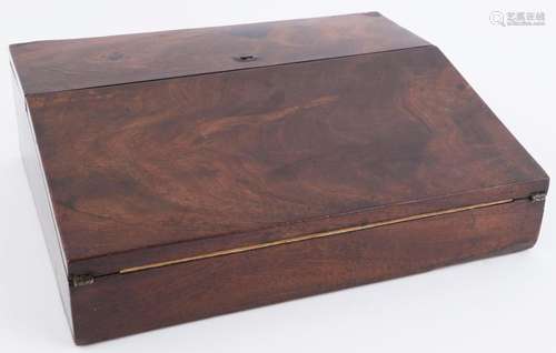 A travelling lap desk writing slope in flame mahogany case, ...