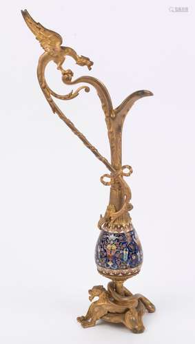 An antique French mantel ewer, gilt bronze with enamel decor...