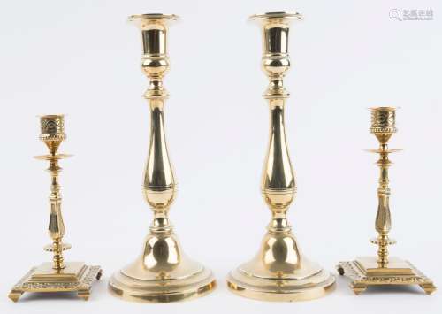 Two pairs of antique brass candlesticks, 19th century, (4 it...