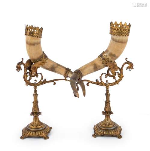 A pair of antique French table ornaments, horn on well cast ...