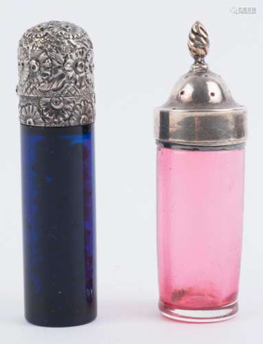 An antique Bristol blue glass scent bottle with silver top; ...