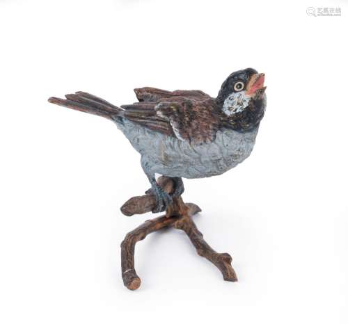 An Austrian cold painted bronze statue of a songbird on a tr...