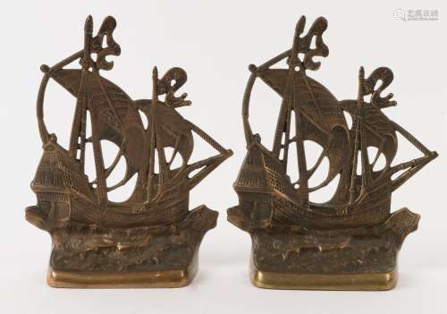 A pair of vintage galleon bookends, cast brass circa 1930, 2...