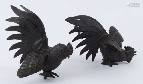 A pair of cockerel statues, patinated cast metal, late 20th ...