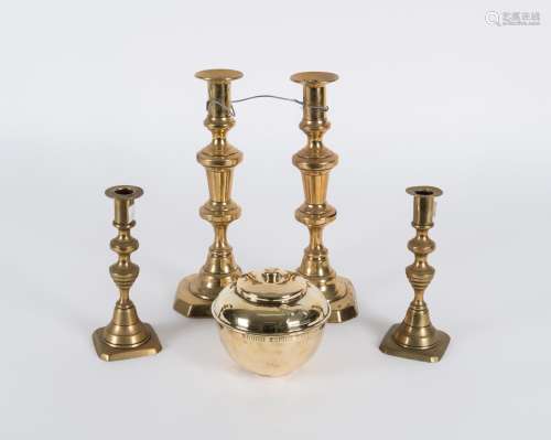 Two pairs of antique brass candlesticks together with a LIPT...