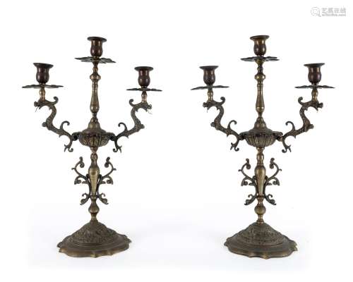 A pair of three branch candelabra with dragon motif, Italian...