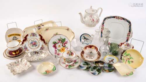Assorted tea ware, porcelain dishes, crystal and glass ware,...