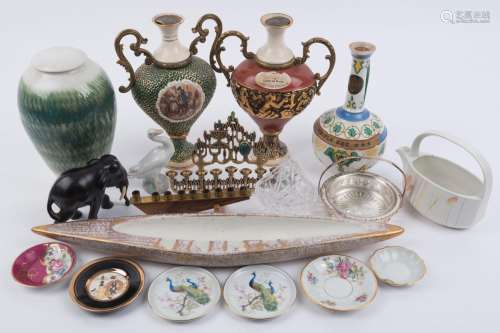 Porcelain dishes, Lladro goose statue, ceramic decanters, tw...