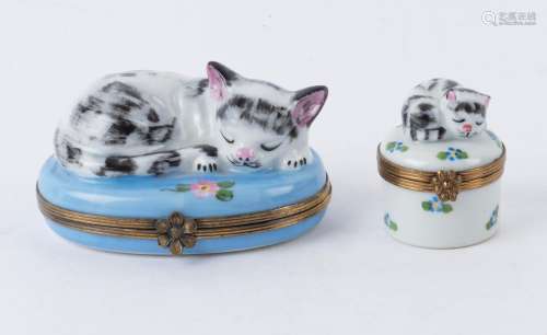 LIMOGES enamel trinket boxes with sleeping cat decoration, 2...