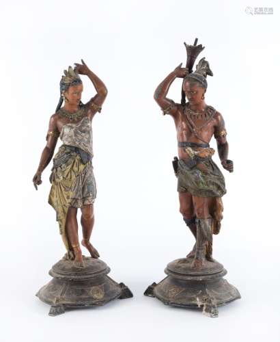 A pair of American Indian statues, cold painted spelter, 19t...