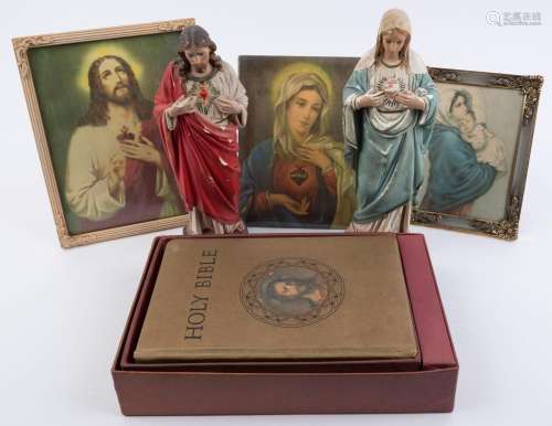Two painted chalk ware religious statues, a Bible in box and...