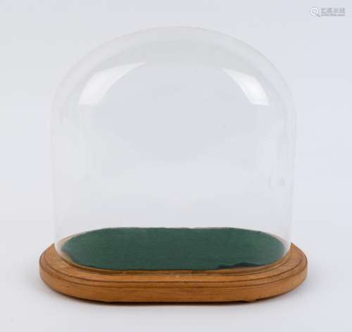 An oval French glass dome on later moulded hardwood base, la...