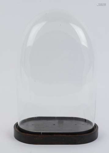 An oval French glass dome on ebonised timber plinth base (mi...