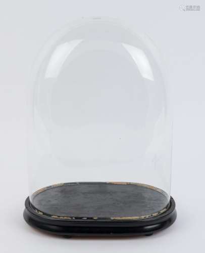 A large oval French glass dome on an ebonised ogee moulded t...