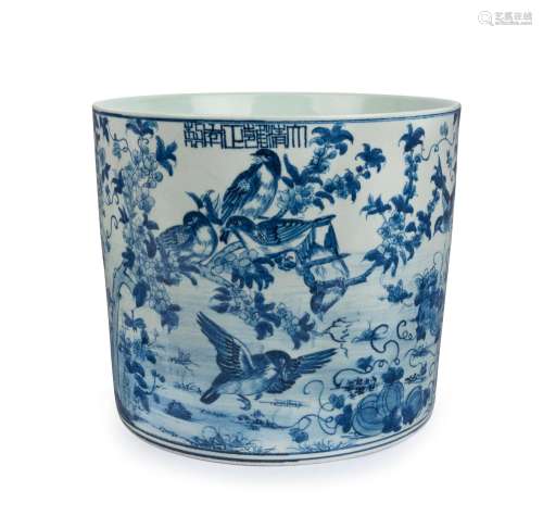 A Chinese blue and white brush pot with birds in landscape, ...