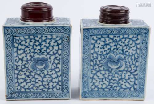 A pair of Chinese blue and white porcelain tea caddies with ...