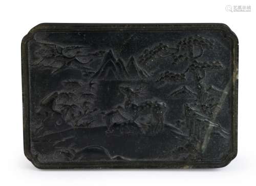 A Chinese carved spinach jade plaque with deer in landscape,...