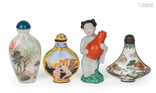 Four assorted Chinese snuff bottles comprising two enamel ex...