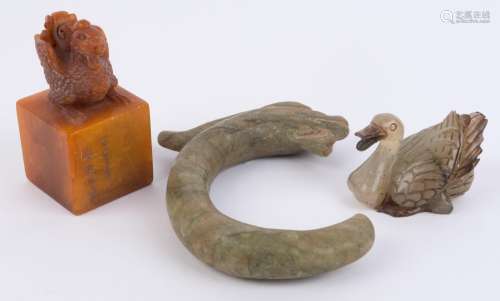 Chinese carved jade duck, jade Han style dragon amulet and a...