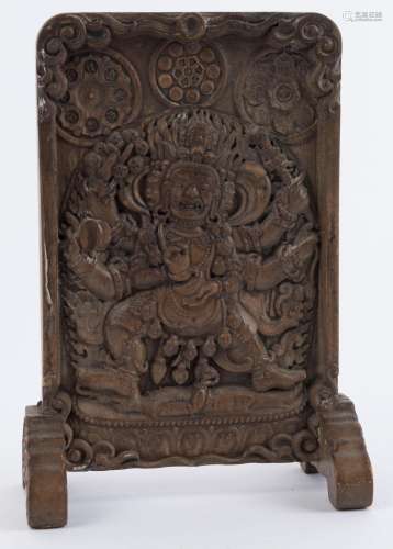 Shadbhuja Mahakala Tibetan carved stone table screen, revers...
