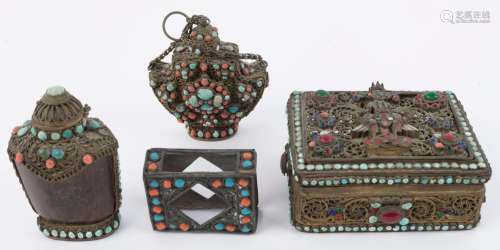 Sino-Tibetan pierced metal box, two snuff bottle and matchbo...