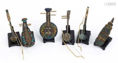 Six Chinese enamel musical instruments, 20th century, the la...
