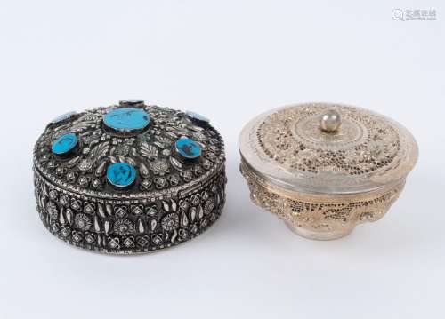 Two Chinese silver finished lidded bowls with dragon and pie...
