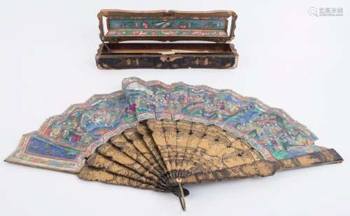 An antique Chinese fan, hand-painted and lacquered with spec...