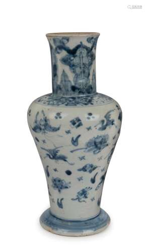 An antique Chinese blue and white porcelain vase with phoeni...