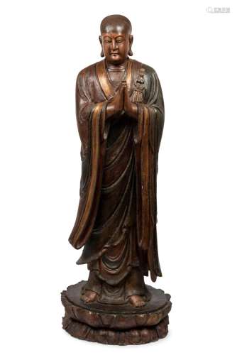A LOHAN tall standing Chinese figure, carved and painted woo...