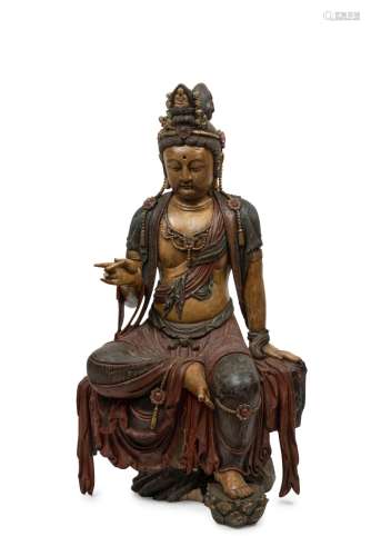 GUANYIN antique Chinese statue seated on a tree stump, carve...
