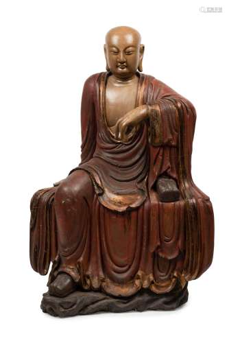 A seated LOHAN antique Chinese statue, carved wood with poly...