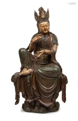 GUANYIN antique Chinese Bodhisattva seated statue, carved wo...