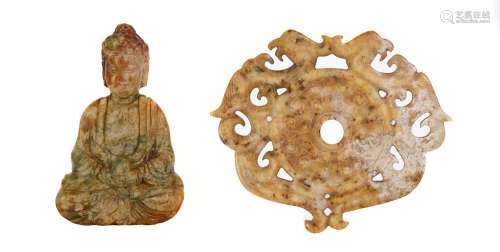 A Chinese archaic style carved jade disc and miniature seate...