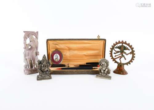 Four Hindu statues, miniature Mughal portrait on ivory and F...
