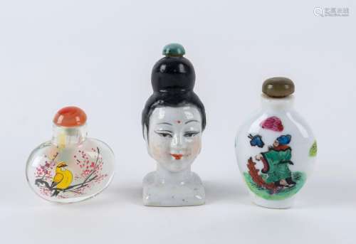 Three Chinese scent bottles, two porcelain examples, 19th ce...