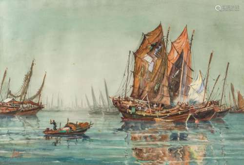 KAM CHEONG LING (China, 1911-1991), Junks at Aberdeen Harbou...