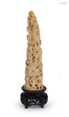 An antique Chinese carved ivory floral ornament on original ...