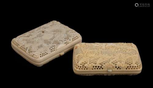 Two antique Chinese cigarette cases, carved and pierced ivor...